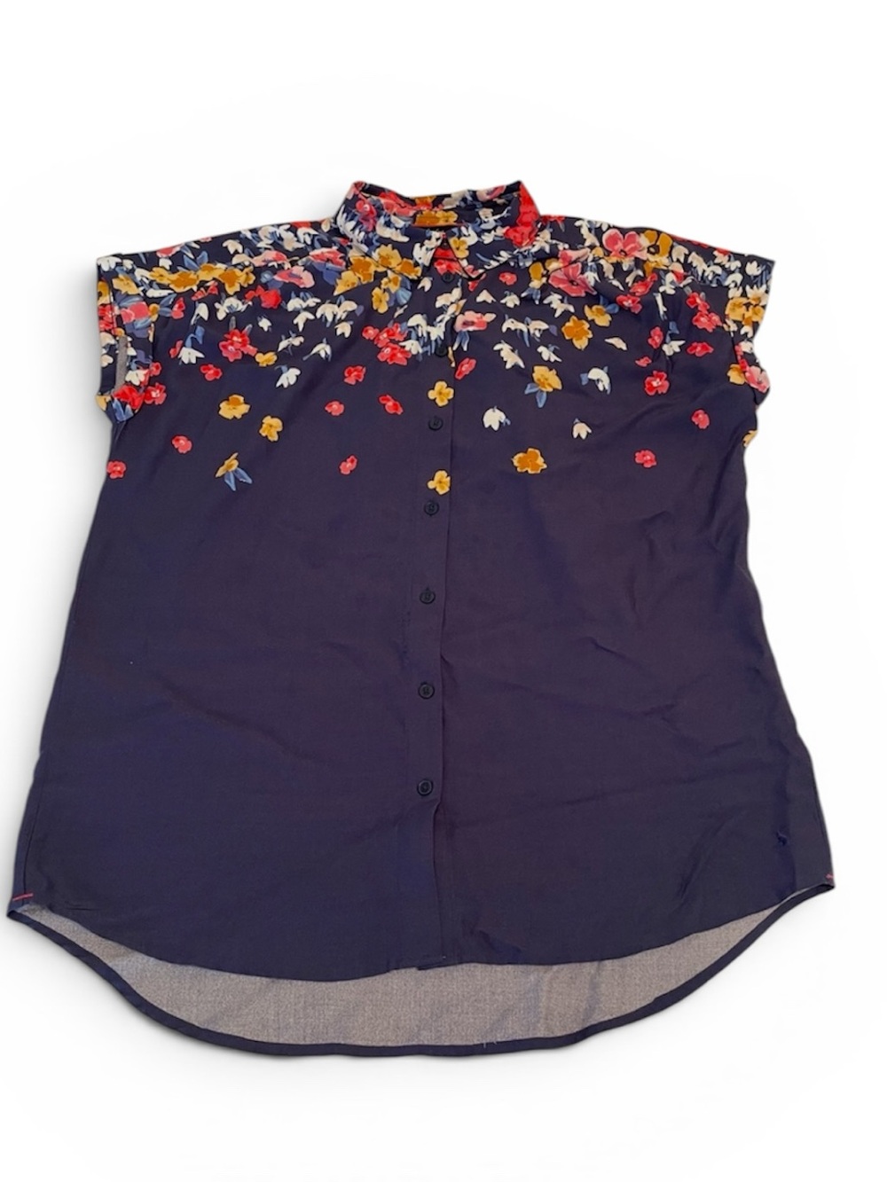 Women’s Joules Natalie Navy Blue Floral Short Sleeve Button Front Top Size 8